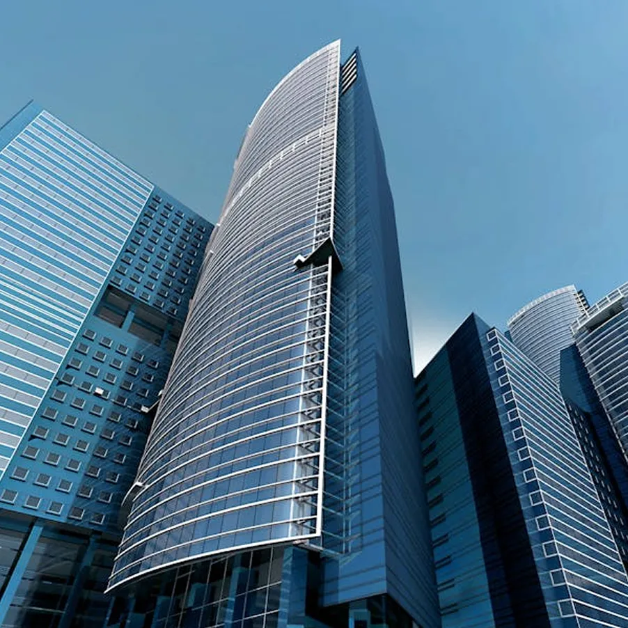 Glass office towers viewed from street level