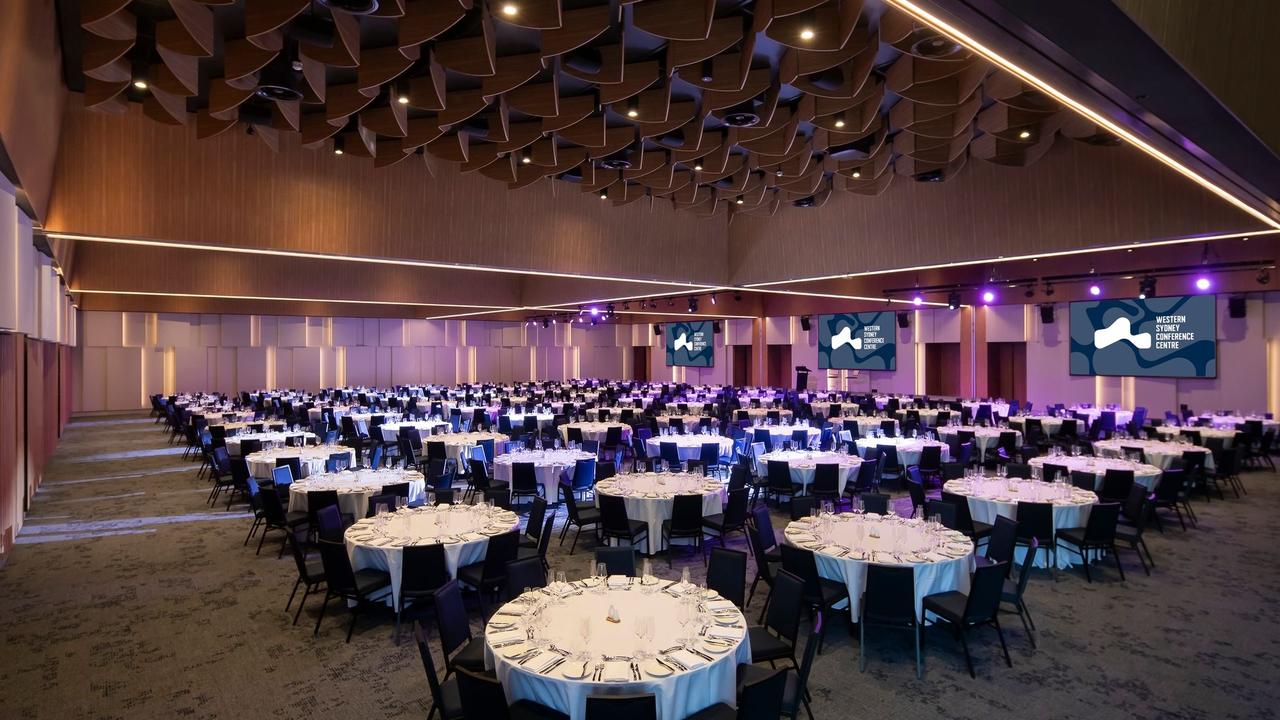 Hotel ballroom set with round tables for a large function