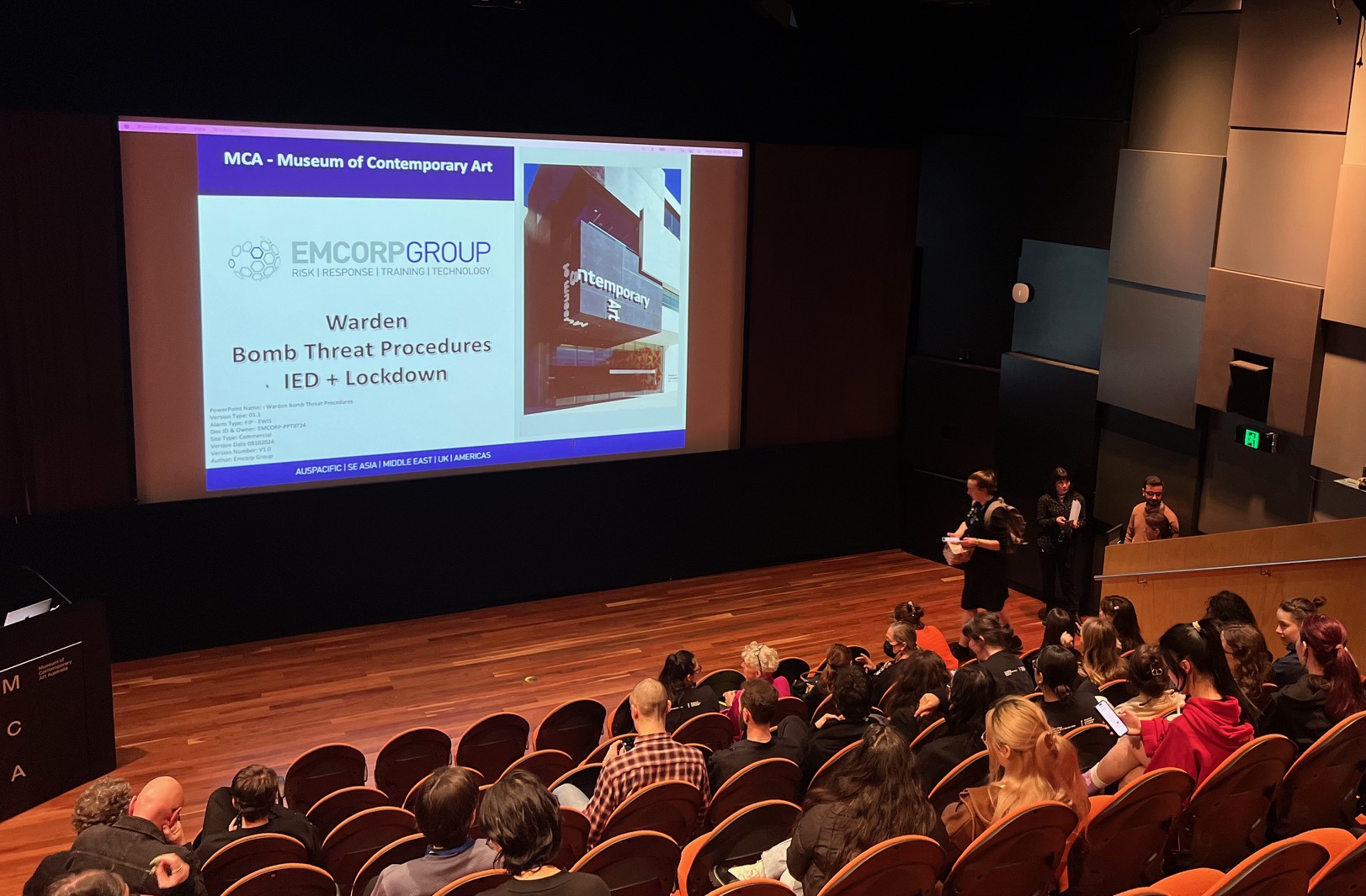 Warden training session on bomb threat and lockdown procedures in a lecture theatre